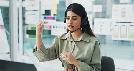 Woman, agent or discussion with headset on laptop for web help, process or tech support in office. Female person, consultant or talking with mic for virtual assistance, communication or online advice