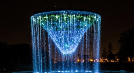 Illuminated modern water feature displays vibrant blue and green illumination at night