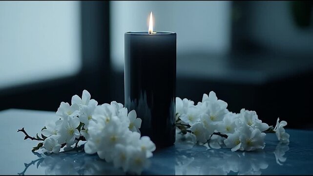 Black candle with white blossoms, blue surface