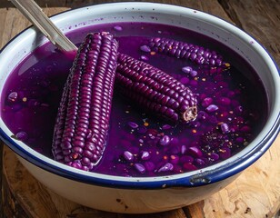 A close-up shot of boiled purple corn cobs and kernels immersed in vibrant violet-hued liquid within a metal bowl