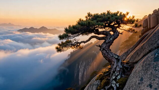 Majestic pine tree on rocky peak above clouds at sunrise, with golden light rays piercing through the landscape. Atmospheric, peaceful, scenic view.