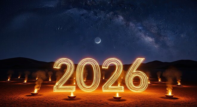 Glowing 2026 Numbers Under a Starry Night Sky - Powered by Adobe