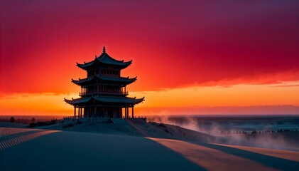 Sunrise over Desert Landscape with Silhouette of Asian Pagoda, Exotic Scenery, Red Sky, Tranquil, Colorful, Sand Dunes, Peaceful, Dramatic Light
