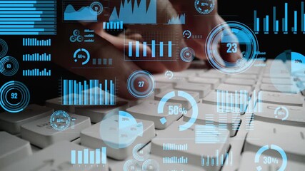 Close-up view of hands typing on a keyboard surrounded by digital data visualizations, showcasing graphs and metrics, reflecting the integration of technology and data analysis. Xenic