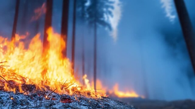 Forest Fire's Fiery Embrace: Flames dance and blaze as they consume dry brush on a forest floor, evoking a sense of raw power and the relentless force of nature.