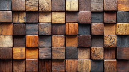 Fototapeta premium Textured Tiles: A close-up view of wooden tiles, arranged in a grid-like pattern, showcasing the intricate details of the wood grain and varying shades of brown.