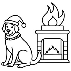 Christmas dog sitting by a fireplace wearing a santa hat