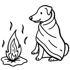 Cozy dog wrapped in blanket by a campfire