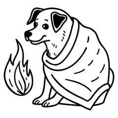 Cozy dog wrapped in blanket by a warm fire