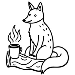 Cute fox enjoying a warm drink by a campfire