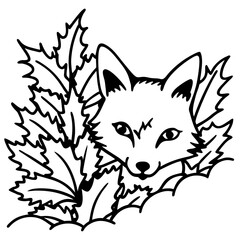 Cute fox peeking through autumn leaves illustration