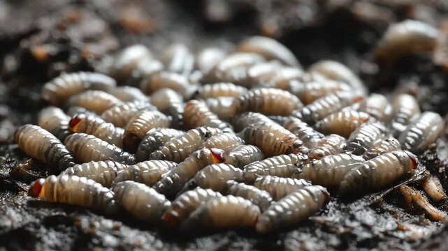 Maggots Insects on Dark Soil Gathered in a Group