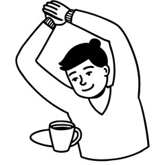 Person stretching arms up holding a coffee cup