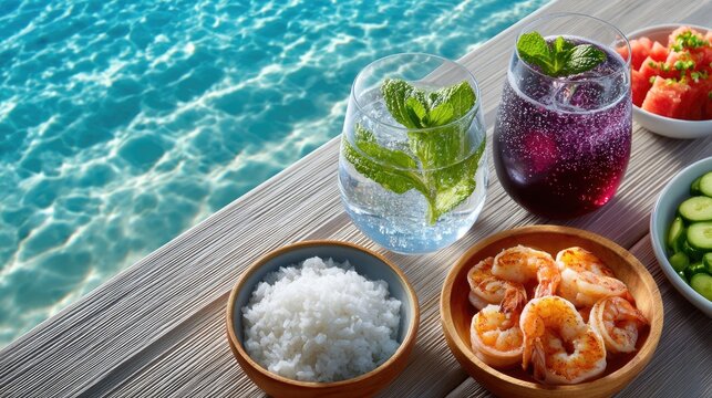 Vivid Beachside Food Setup With Seafood Dishes Refreshing Drinks And Fresh Fruit On A Wooden Deck Overlooking Turquoise Water