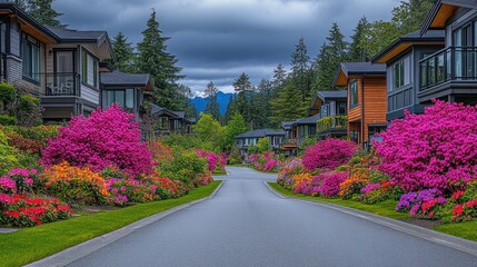 Fototapeta premium Suburban street lined with colorful flowers, modern homes