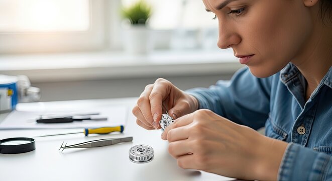 A woman intently focuses, meticulously working with small precision tools on a silver mechanical component, likely repairing or assembling it, set against a bright, clean background