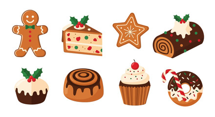 A festive collection of illustrated Christmas desserts and holiday baked goods on a white background.