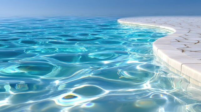 Close up of turquoise pool water with bright sunlight creating ripples and reflections on a sunny day with a clear blue sky and white poolside edge. - Powered by Adobe