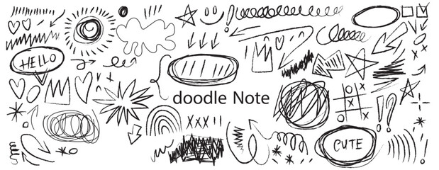 black pen scribble and doodle collection. Blue pen lines, arrows and scribbles at grid notebook background. Crayon drawn note doodles for hand drawn diagram, infographic and journaling.