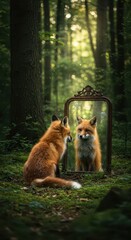 Obraz premium Orange fox gazes intently into a cracked antique mirror set within a dense, sunlit woodland