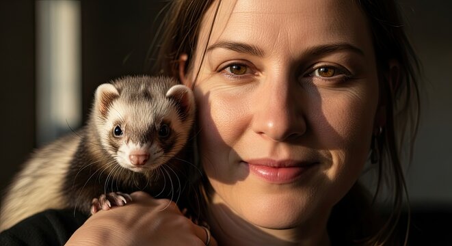 A woman smiles as a small, brown ferret sits on her shoulder, bathed in soft sunlight. The close-up shot focuses on their faces, highlighting their shared moment