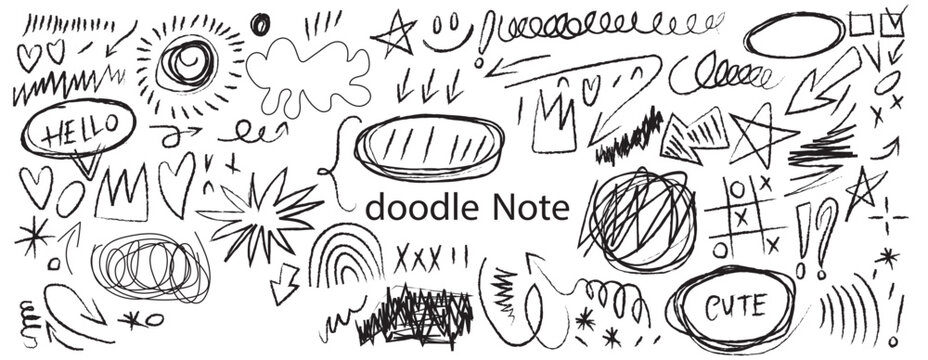black pen scribble and doodle collection. Blue pen lines, arrows and scribbles at grid notebook background. Crayon drawn note doodles for hand drawn diagram, infographic and journaling.