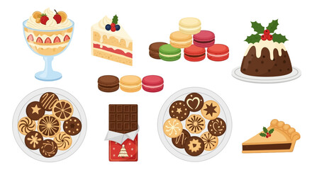 Collection of various desserts including trifle, cake, macarons, pudding, cookies, chocolate, and pie.