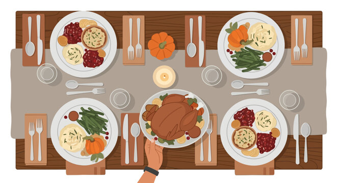 A detailed overhead view of a festive Thanksgiving dinner table with a roasted turkey and various side dishes.