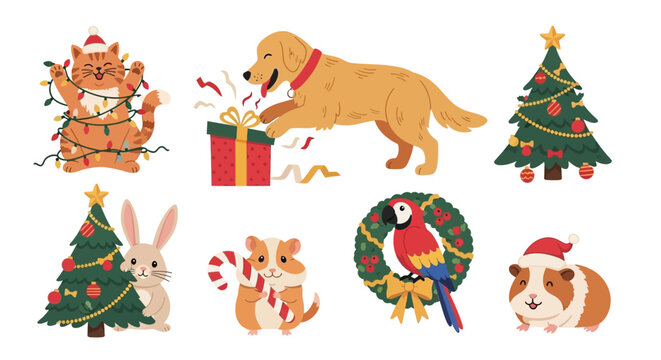 A collection of cute Christmas-themed animals including a cat tangled in lights, a dog opening a gift, a rabbit, a hamster, and a guinea pig.