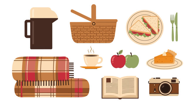 A collection of items for a picnic, including a thermos, picnic basket, sandwiches, pie, apples, coffee, a blanket, a book, and a camera.