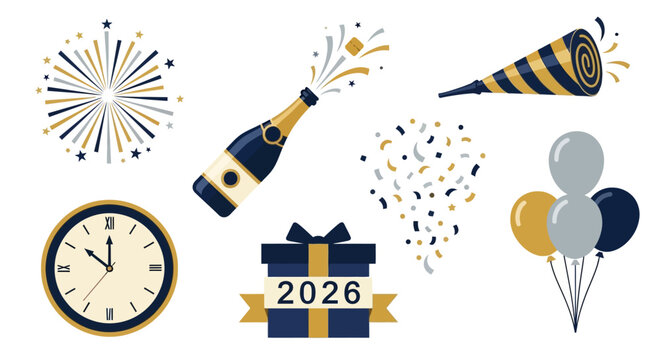 A collection of New Year's Eve celebration elements including fireworks, a champagne bottle, a party horn, confetti, balloons, a clock, and a gift box labeled 2026.