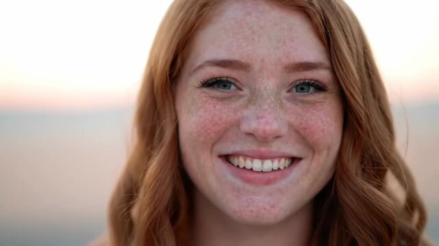 Smiling redhead portrait with freckles, soft focus, serene sunset background for beauty product promotion