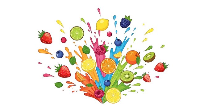 Vibrant Fruit Splash Explosion with Fresh Berries and Citrus Slices.