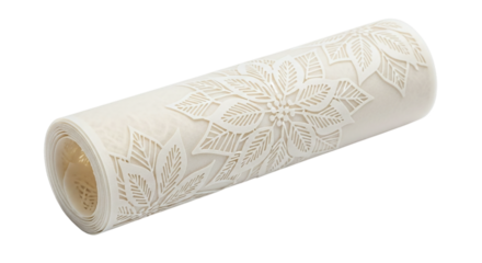 Roll of delicate white tulle with an embossed poinsettia pattern isolated on transparent background, perfect for elegant decorations and crafting projects