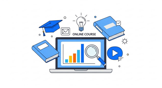 Online education courses and e learning resources digital learning and study platform illustration
