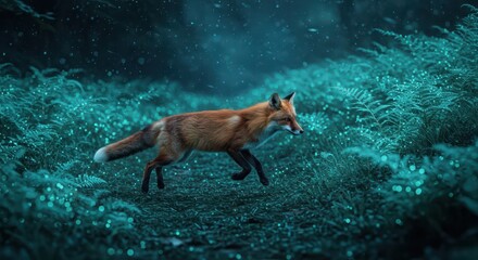 Obraz premium Wild canine creature swiftly moves through a mystical forest path at night