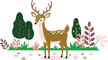 Deer, forest, cartoon, animal, nature, wildlife, illustration, antlers, grass, trees, peaceful, cute, spotted, greenery, habitat, outdoor, stylized, colorful, friendly, serene