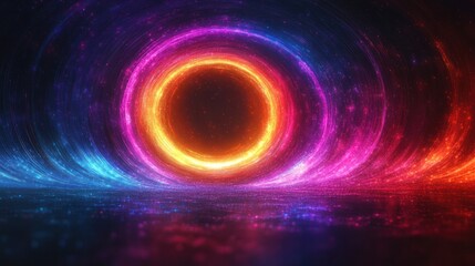 Obraz premium Cosmic Event Horizon: A mesmerizing illustration of a black hole, rendered in vibrant hues of orange, purple, and blue, showcasing the captivating power of the cosmos.
