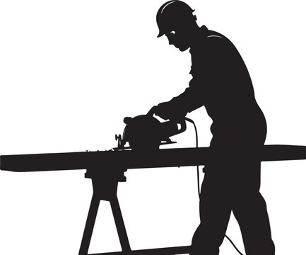  Silhouette of a worker using a circular saw to cut wood, depicting carpentry, construction, or DIY projects with safety gear