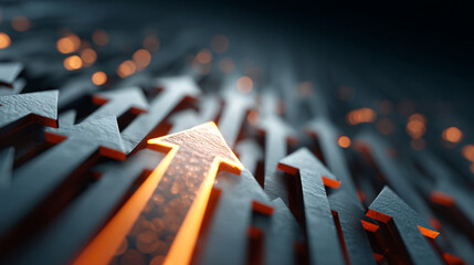 Fototapeta premium Abstract image of multiple arrows pointing upwards with bokeh lights.