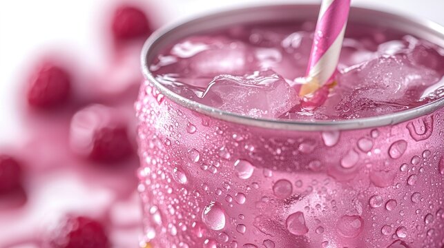 Cool Summer Refreshment: A refreshing beverage, with a vivid pink hue, chilled to perfection with ice cubes and a striped straw, promises a moment of pure bliss.