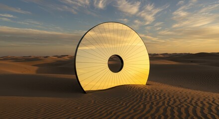 Large reflective circular installation rests among rolling sand dunes during sunset