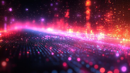 Digital Cityscape: An abstract display of city lights and data streams, where vibrant colors and radiant lines intertwine, evoking the essence of a futuristic urban landscape.