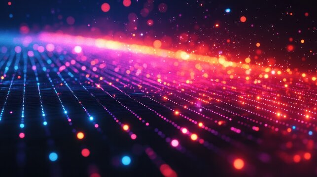 Vibrant Tech Flow: a mesmerizing display of a digital stream of data with an array of bright, glowing dots, evoking a sense of forward motion and connectivity.