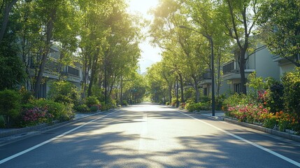 Sunny residential street lined with trees