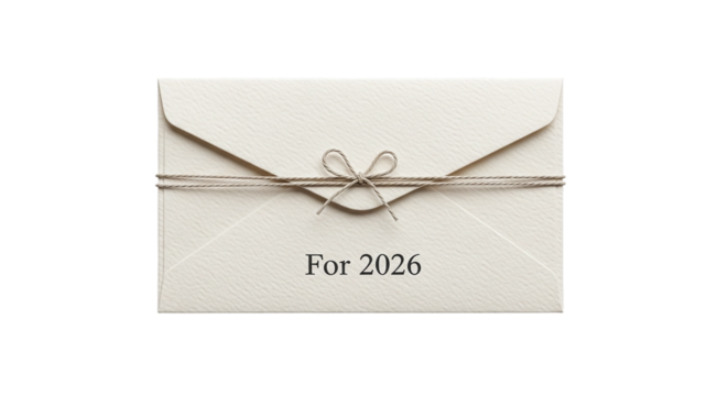 Elegant ivory envelope with delicate twine bow, labeled for 2026 isolated on transparent background, symbolizing future plans and anticipation