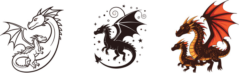 Fantasy dragon illustration set with mythical creatures, black and white dragon art, colorful dragon family, fantasy tattoo design collection, vector artwork © Kartik Creative