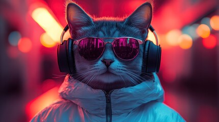 Cat with headphones: A stylish tabby cat sports headphones and sunglasses, exuding cool vibes with a vibrant neon backdrop. A fun and whimsical image capturing the essence of trendy feline attitude.