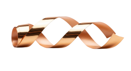 Closeup of a shiny copper ribbon isolated on transparent background, gracefully spiraling and reflecting light, creating a festive and elegant decorative element
