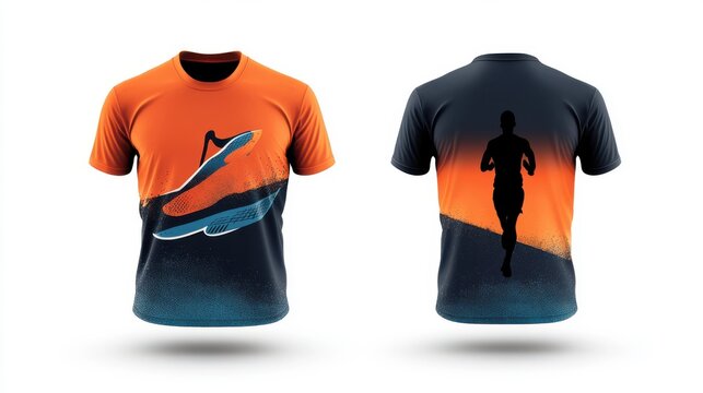 Front and back view of a running-themed t-shirt with a sneaker print 